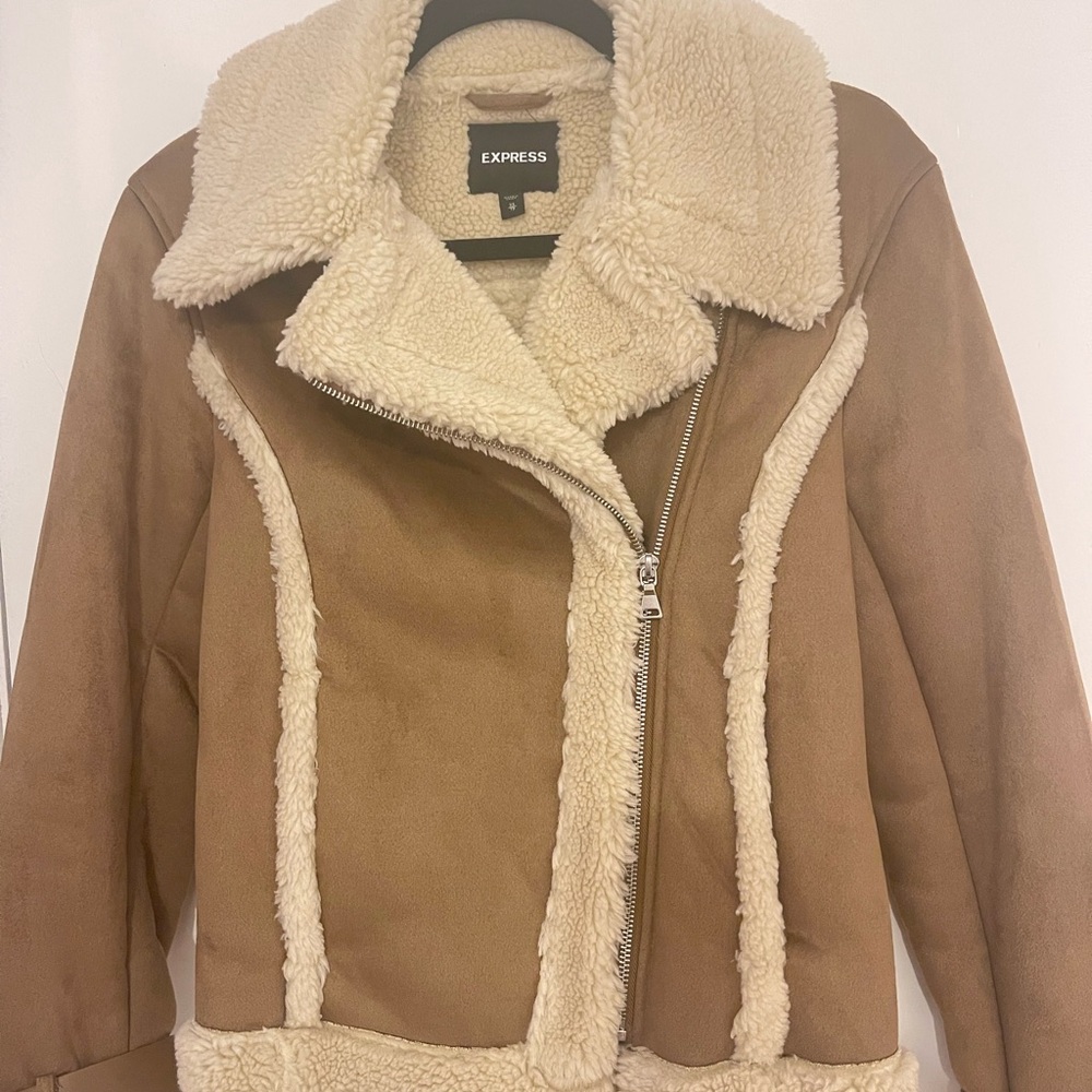 Express Women's Brown and Cream Teddy Jacket